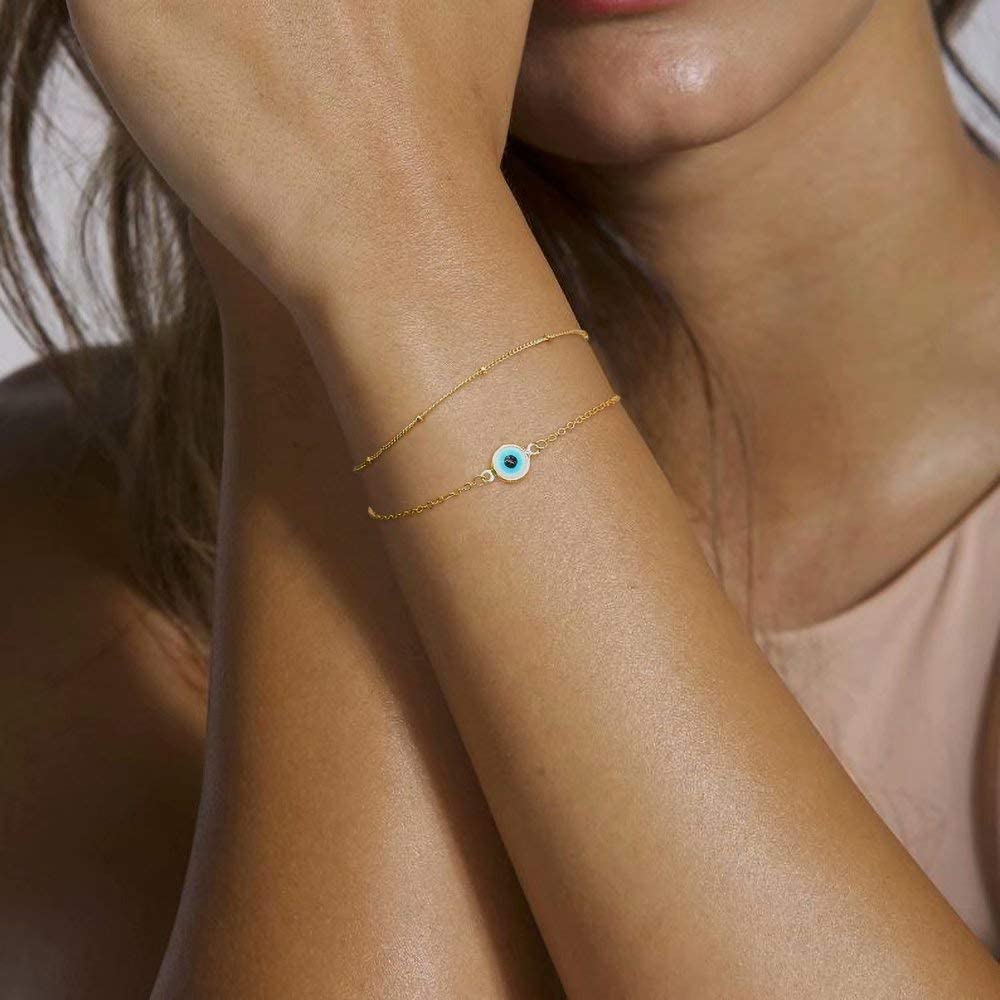 Dainty Gold Bracelets for Women, 14K Gold Filled Adjustable Layered Bracelet Cute Evil Eye Oval Chain Pearl Bar Turtle Gold Bracelets for Women Jewelry - Image 4